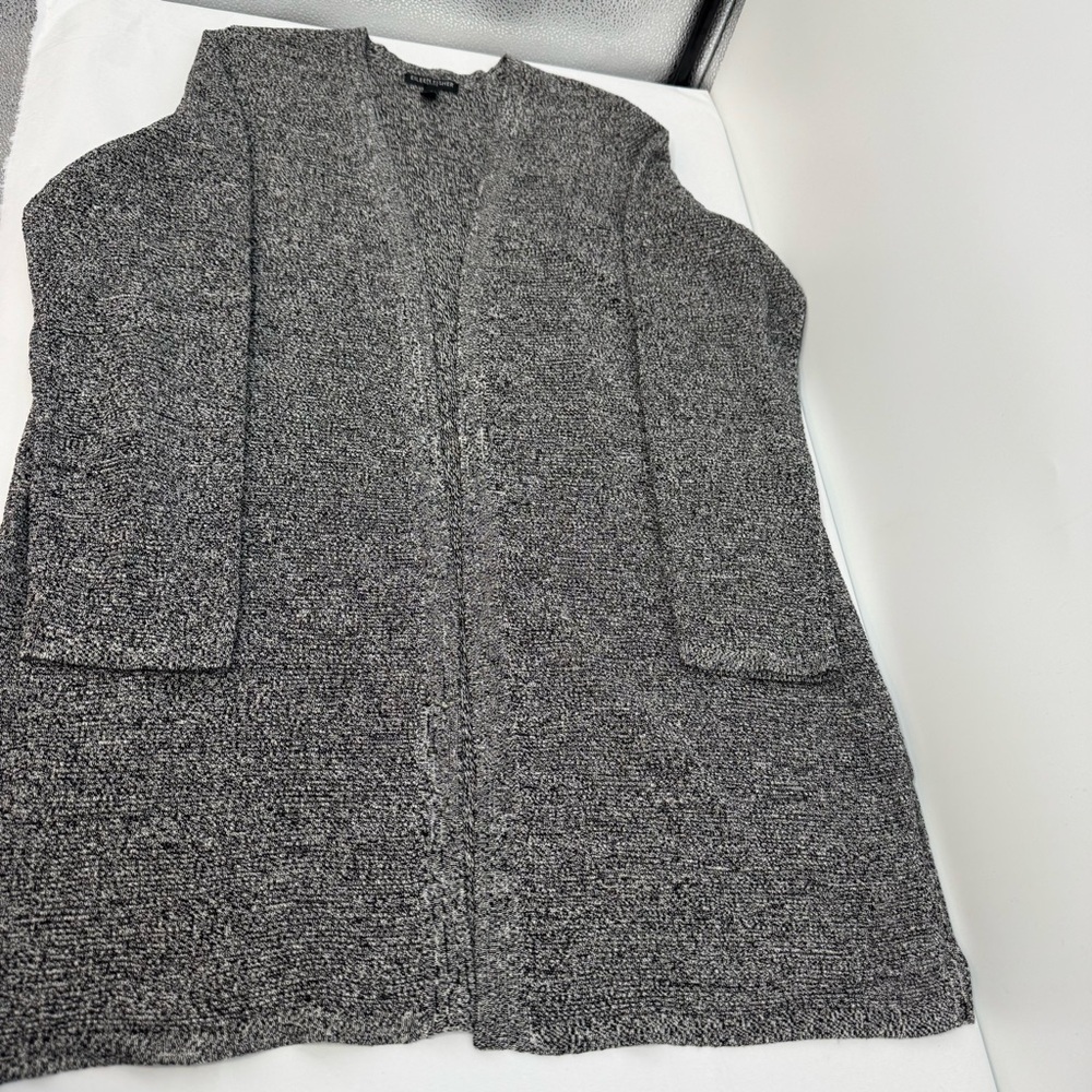 Eileen Fisher Open Front Cardigan Women’s Petite L Gray Knit Silk Linen/Linen